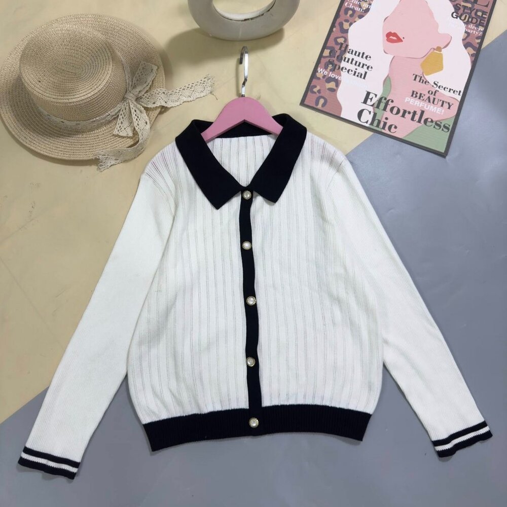 White Black Trim Pearl Button Knit Cardigan Preppy Collar Sweater